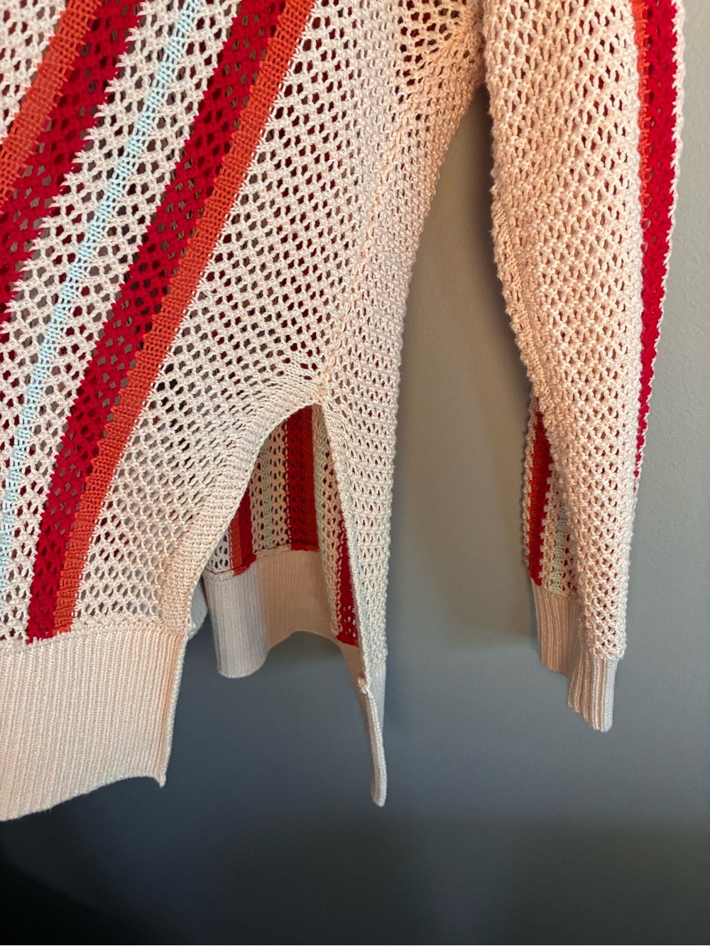V-Neck Open-Knit Sweater in Cream and Red - Picture 7 of 8